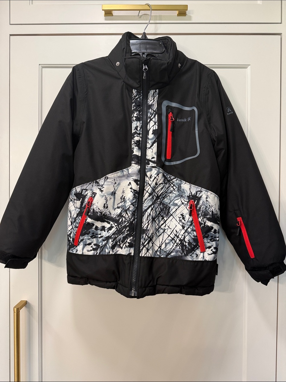 Kamik Kids Black Jacket with White Graphic Panels and Red Zippers
